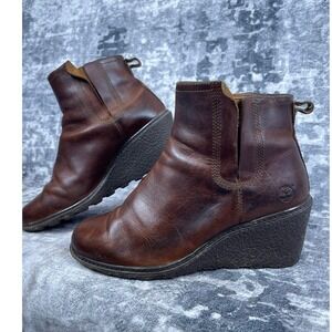 Timberland Anston Chelsea Wedge Boots Brown Leather Side Zip Women's Size 8